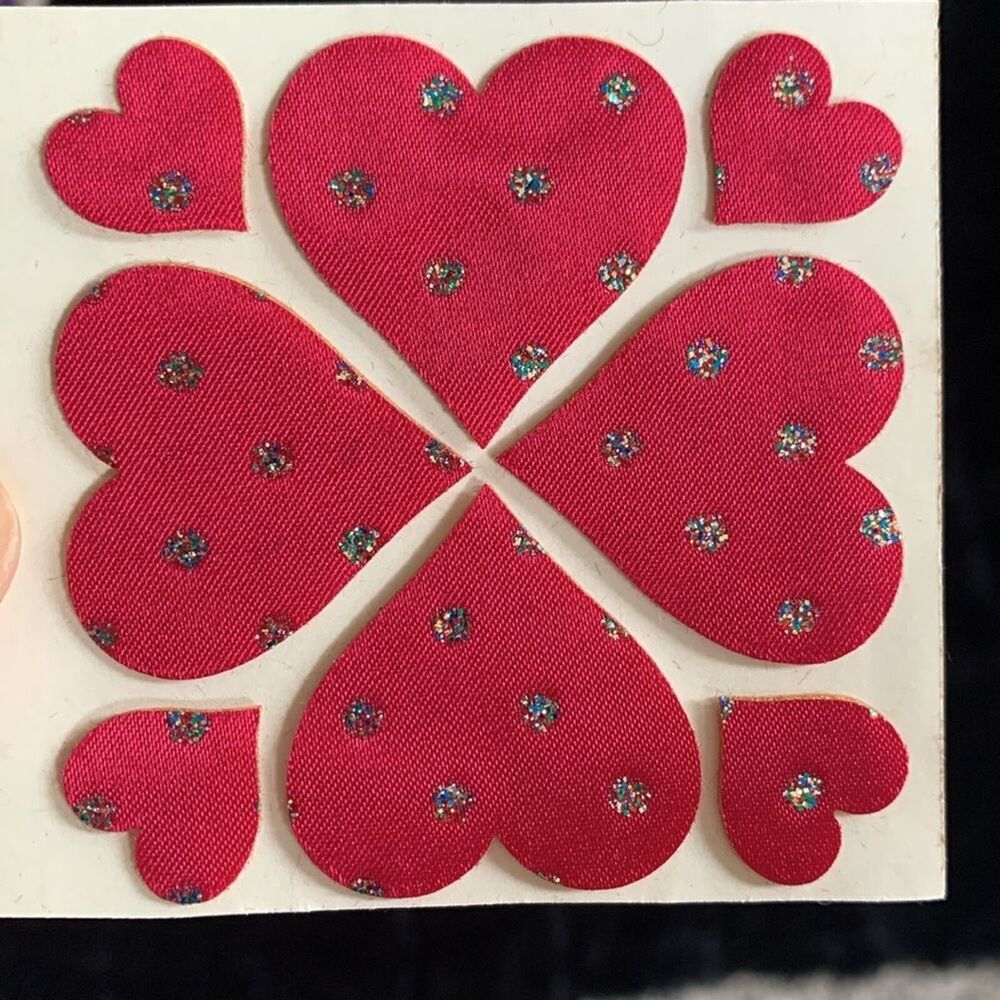 VINTAGE 80's Puffy Fabric Fabric Stickers With Glitter Hearts June Kessler - Picture 2 of 5